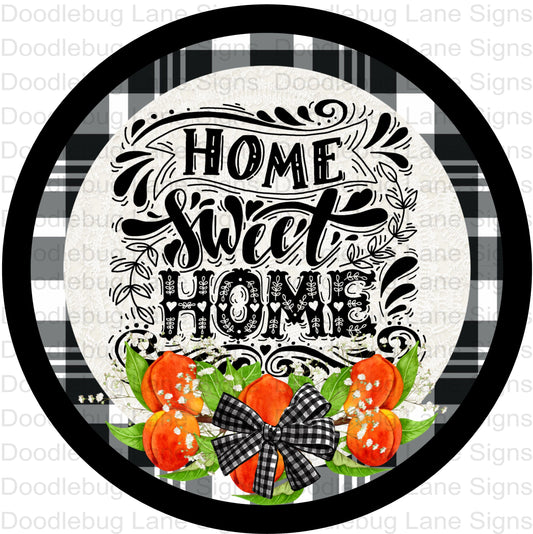 Home Sweet Home Wreath Sign-Peach Sign-Fruit Wreath Sign-Black And White Plaid-Round Wreath Sign-Metal Wreath Sign