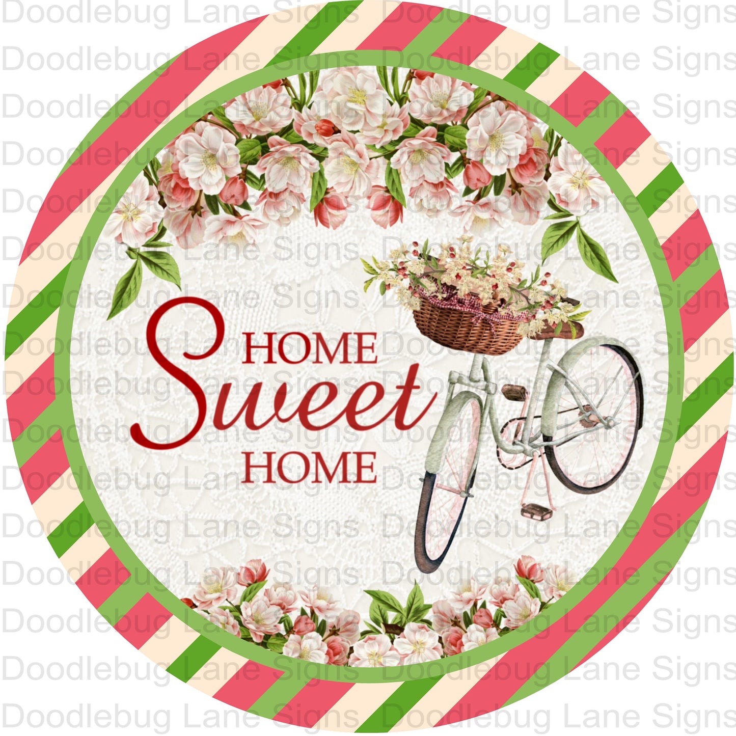 Home Sweet Home Wreath Sign-Floral Wreath Sign-Bicycle Sign-Pink And Green Striped-Round Wreath Sign-Metal Wreath Sign