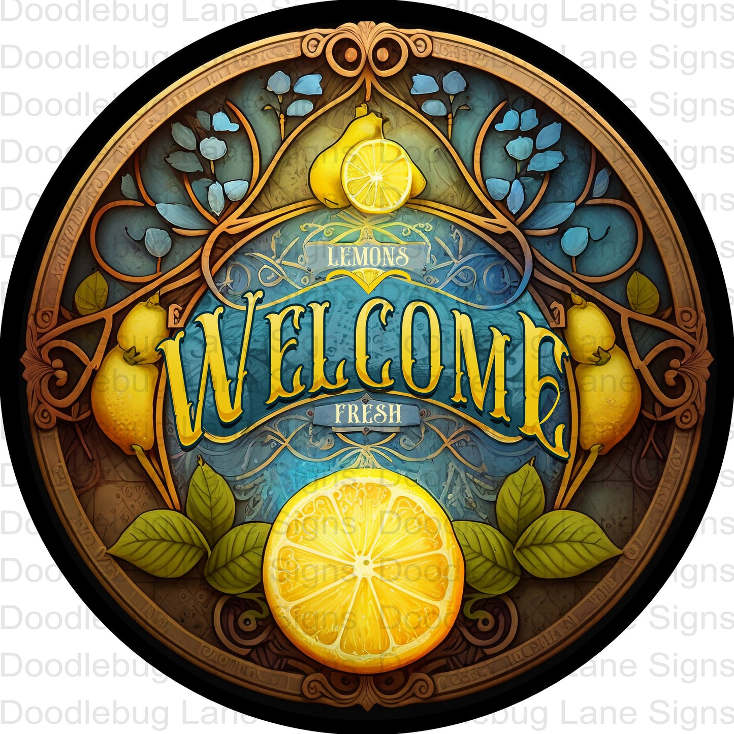 Welcome Wreath Sign - Lemon Sign - Fresh Lemons Wreath Sign - Round Wreath Sign - Metal Wreath Sign