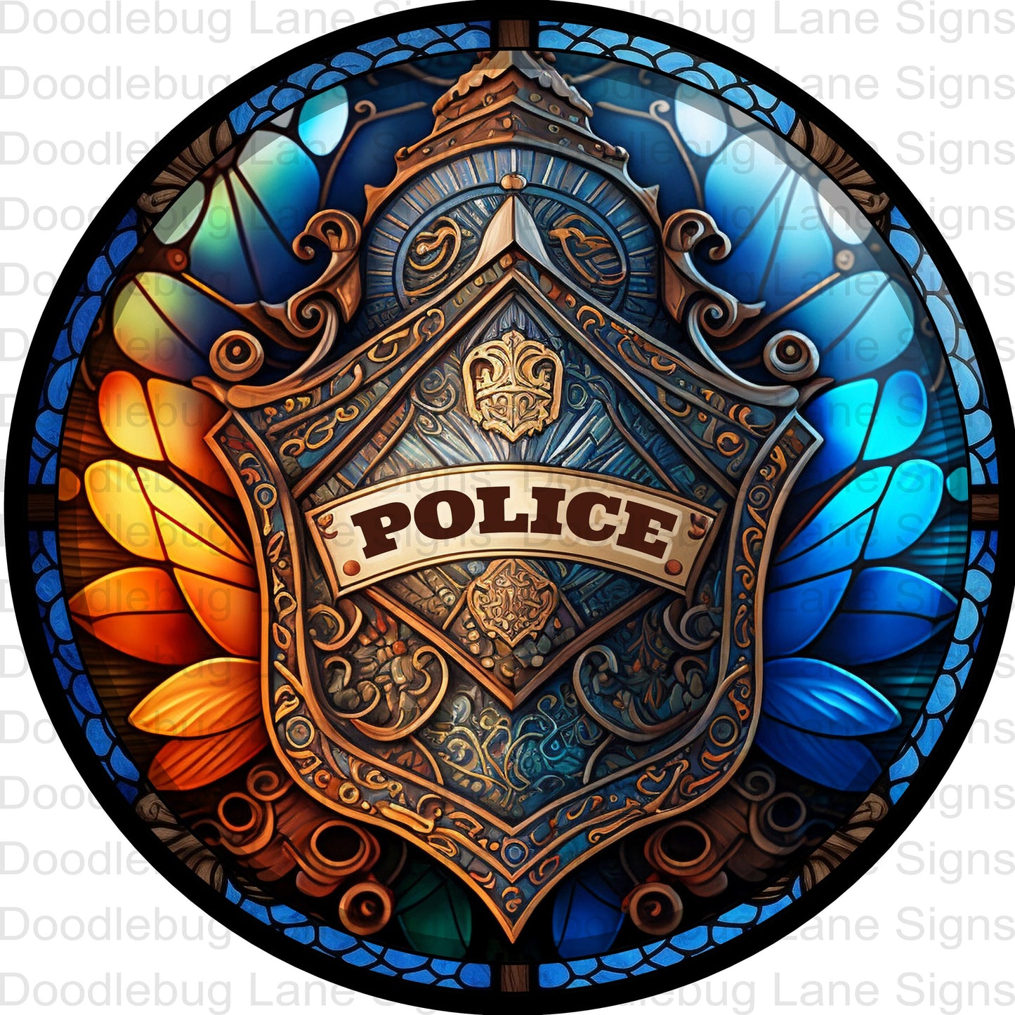 Faux Stained Glass Wreath Sign-Police Wreath Sign-Back The Blue Wreath Sign-Police Badge-Round Sign-Metal Wreath Sign