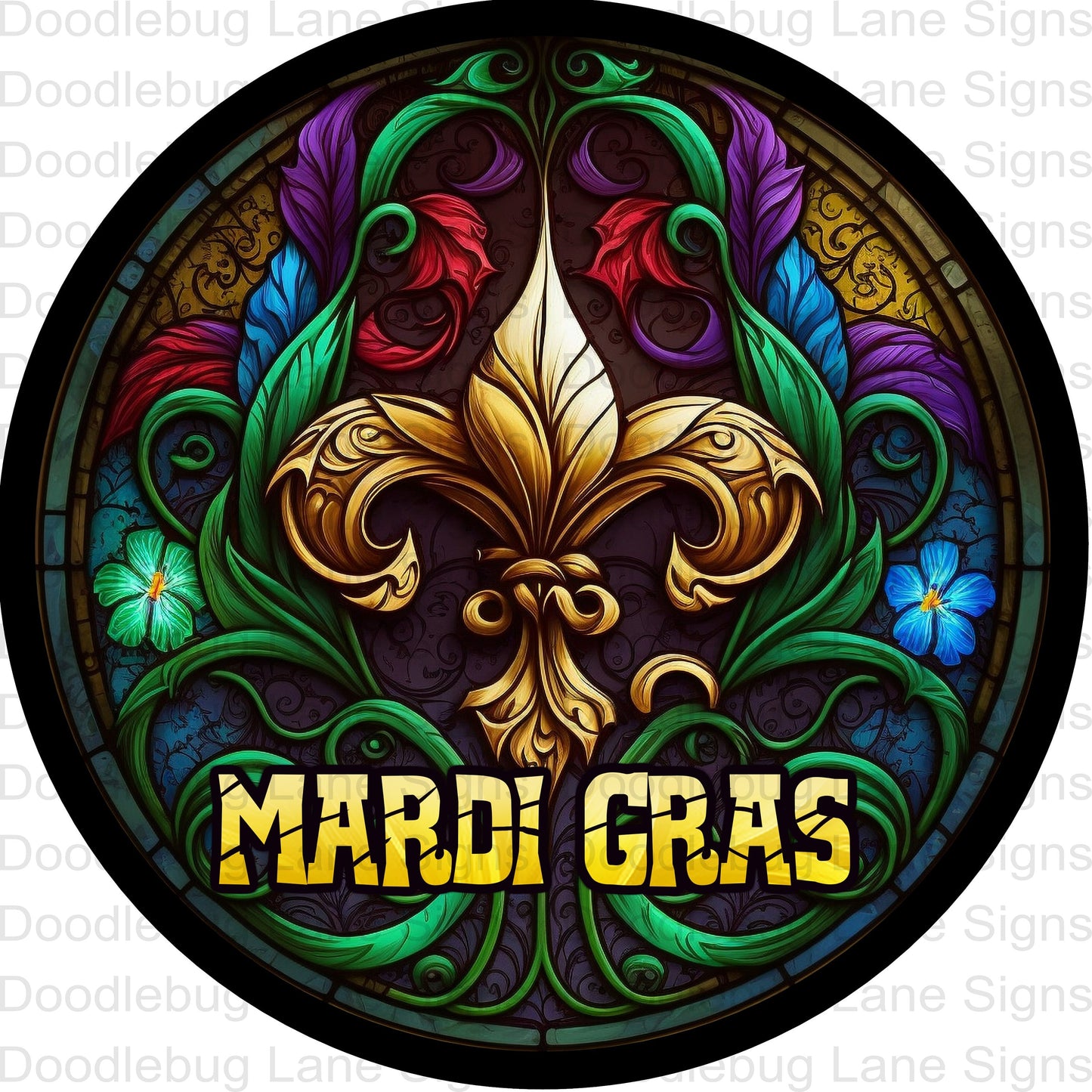 Mardi Gras Faux Stained Glass Wreath Sign - Fleur De Lis Sign - Round Wreath Sign -Metal Wreath Sign