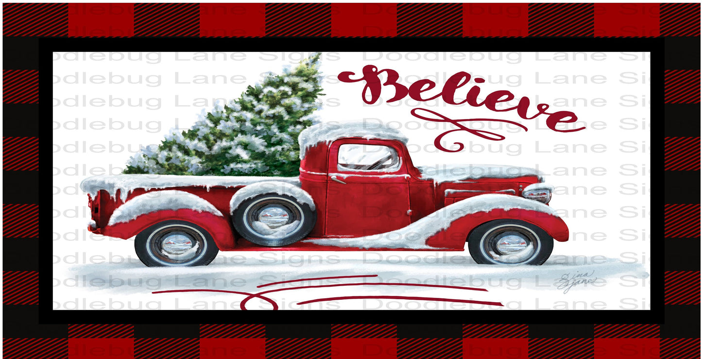 Christmas Wreath Sign-Vintage Red Truck-Christmas Truck-Winter Sign-Rectangle Sign-Metal Wreath Sign