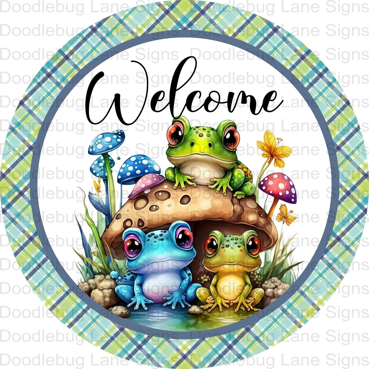 Welcome Wreath Sign-Frog Wreath Sign-Spring Sign-Round Wreath Sign-Metal Wreath Sign