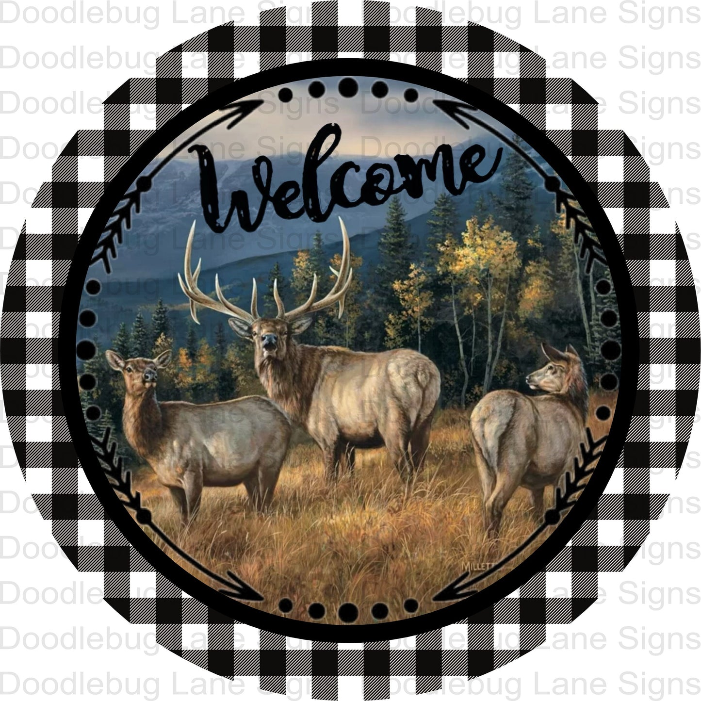 Welcome Wreath Sign-Elk Sign-Woodland Animal Sign-Round Wreath Sign-Metal Wreath Sign