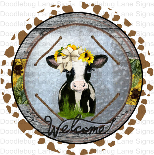 Cow Wreath Sign-Farmhouse Wreath Sign- Cowhide-Faux Wood-Faux Galvanized Aluminum- Round Wreath Sign-Metal Wreath Sign