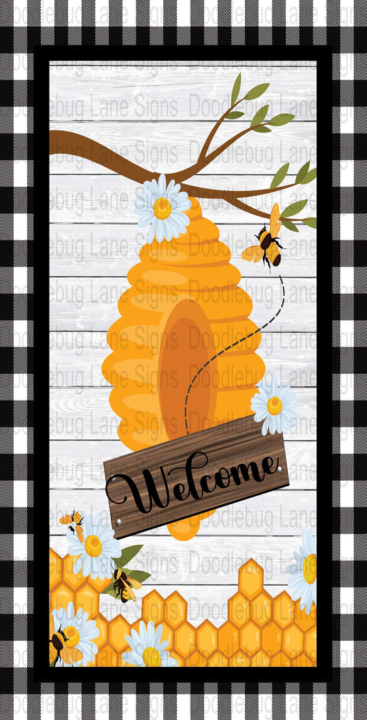 Welcome Bee Wreath Sign-Bee And Beehive Sign-Rectangle Sign-Metal Wreath Sign