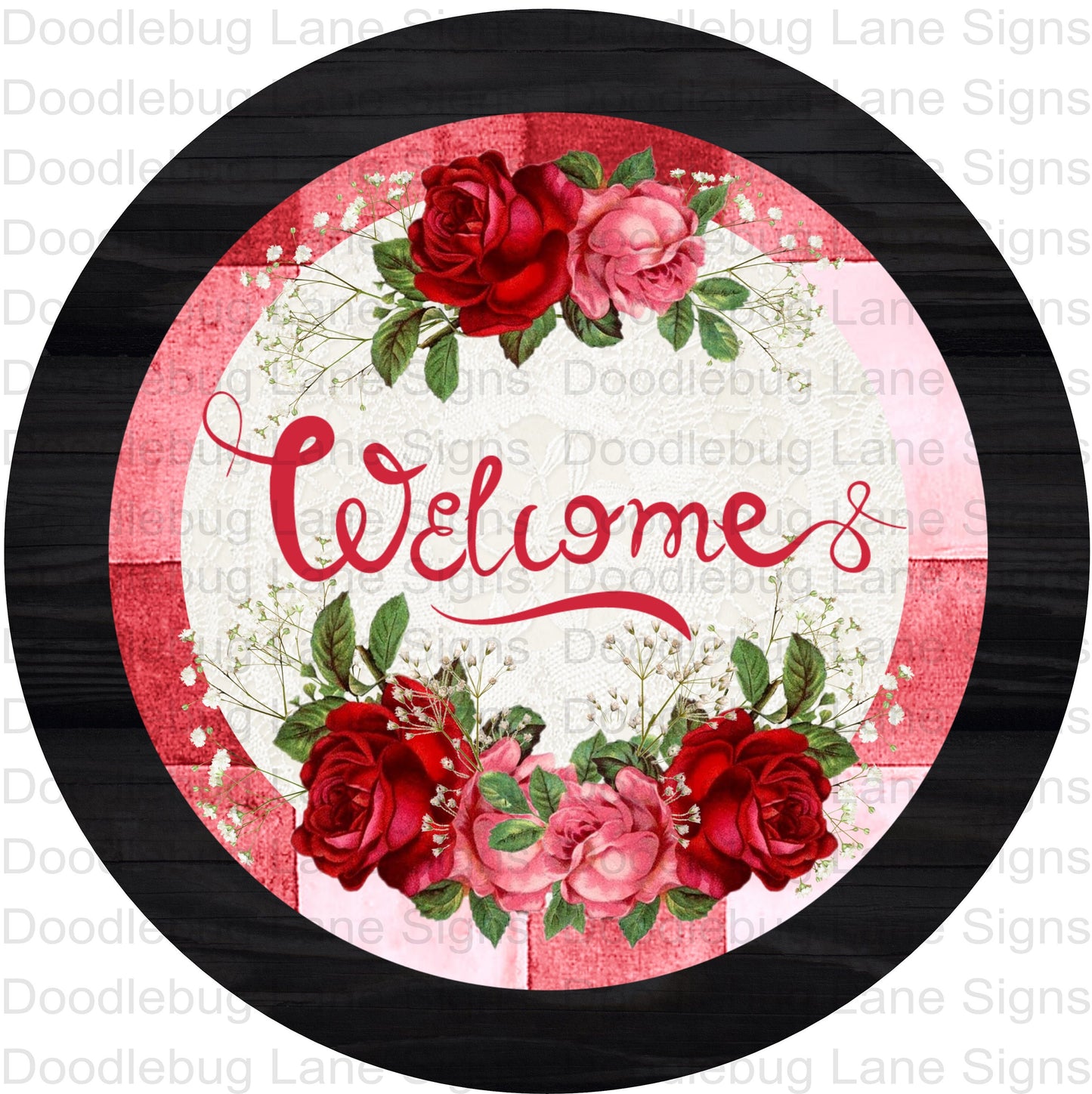 Welcome Wreath Sign-Red And Pink Roses-Round Wreath Sign-Metal Wreath Sign