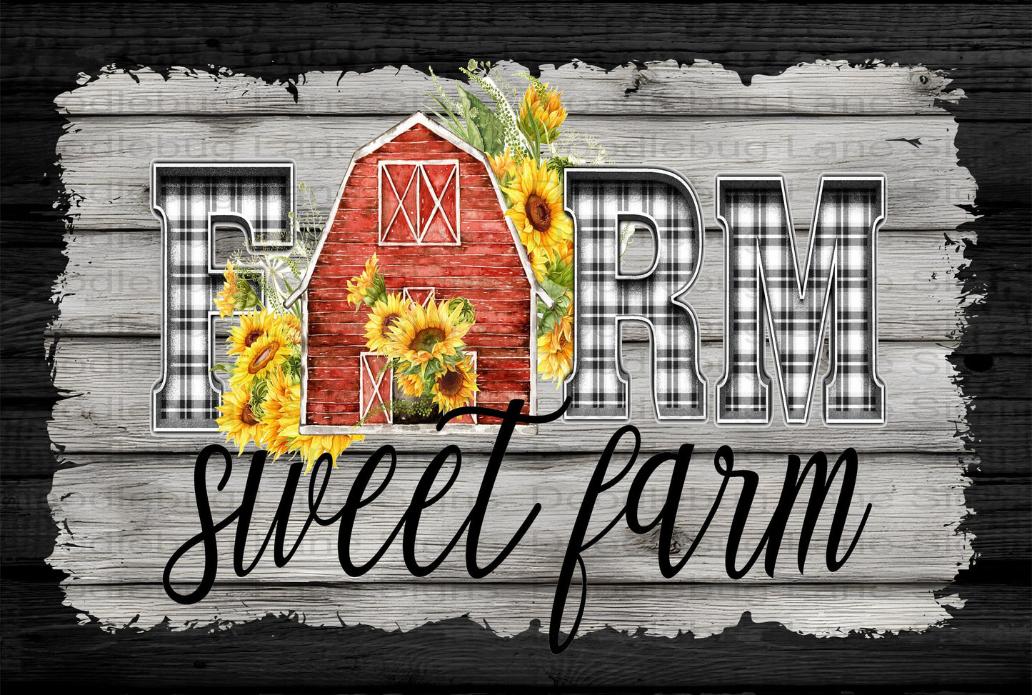 Farm Sweet Farm-Farmhouse Wreath Sign-Red Barn-Sunflowers-Rectangle Sign-Metal Wreath Sign