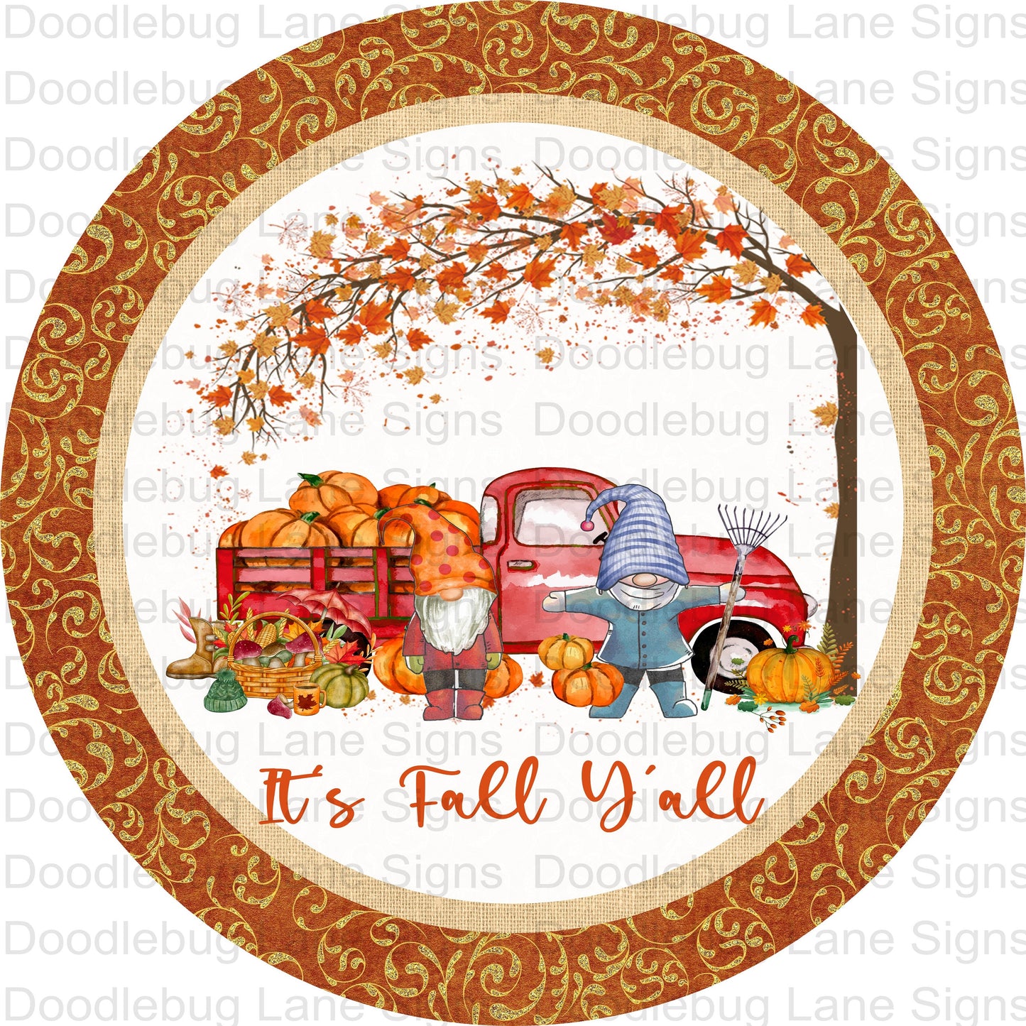 It's Fall Yall-Fall Wreath Sign-Falling Leaves-Red Truck-Pumpkins-Gnomes-Round Wreath Sign-Metal Wreath Sign