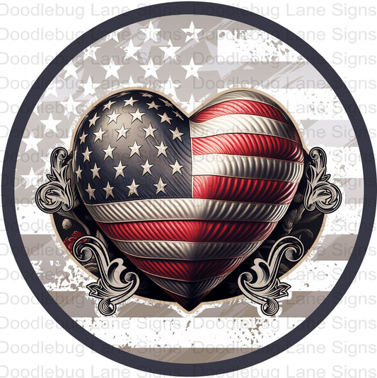 Patriotic Heart-Faux Stained Glass Wreath Sign-Patriotic Wreath Sign-American Flag Sign-Round Sign-Metal Wreath Sign