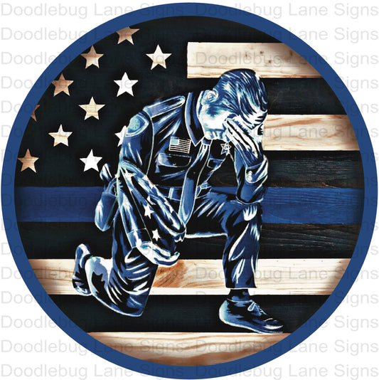 Back The Blue-Police Officer Wreath Sign-Kneeling Policeman-Round Wreath Sign-Metal Wreath Sign