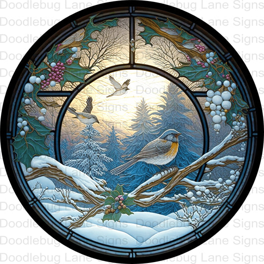 Winter Wreath Sign-Snowbirds-Winter Scenery-Faux Stained Glass-Round Wreath Sign-Metal Wreath Sign