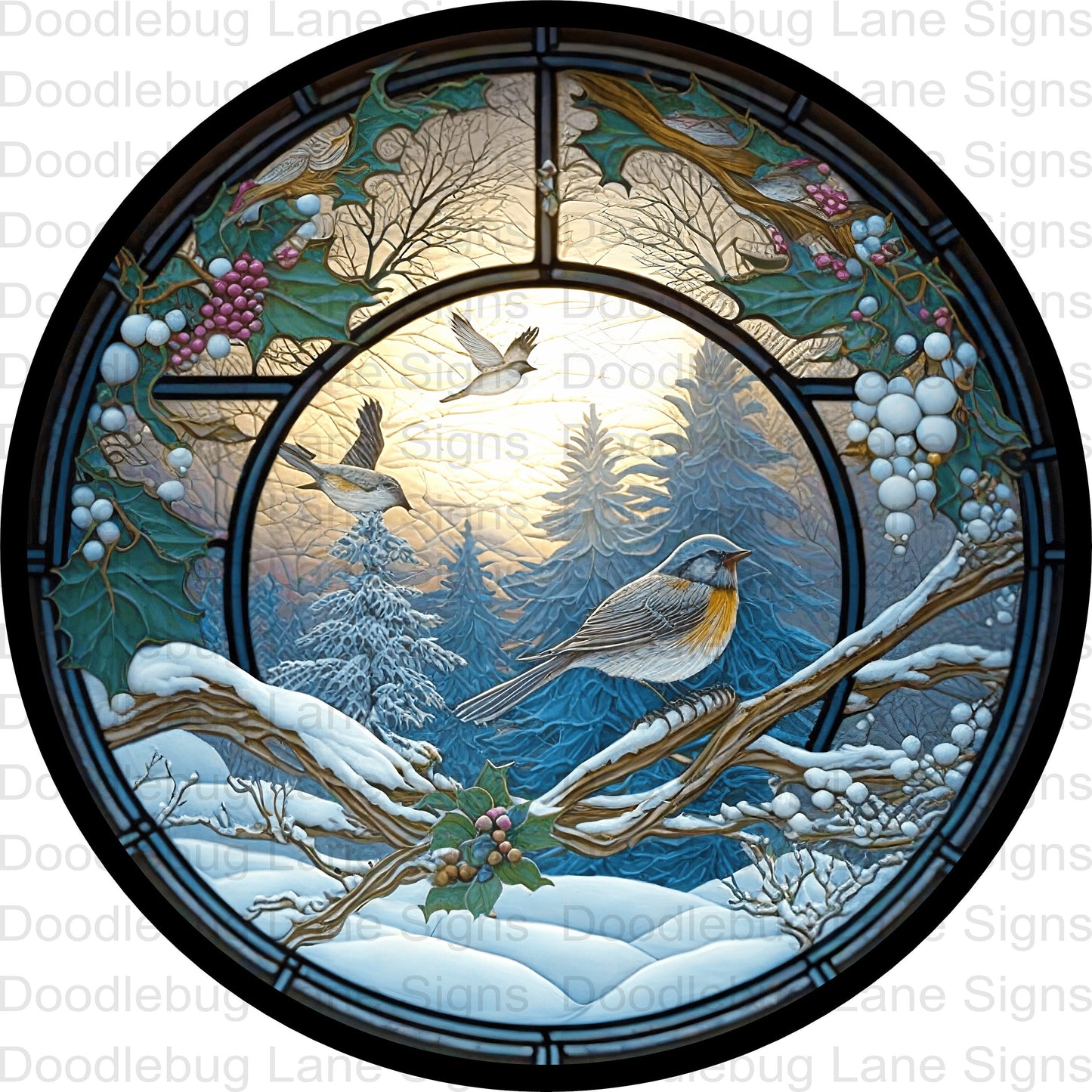 Winter Wreath Sign-Snowbirds-Winter Scenery-Faux Stained Glass-Round Wreath Sign-Metal Wreath Sign