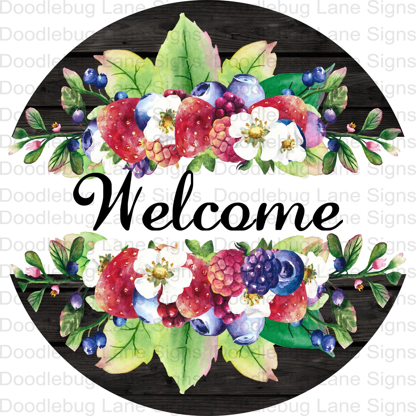 Welcome Wreath Sign-Strawberry, Blueberry and Raspberry-Spring Sign-Round Wreath Sign-Metal Wreath Sign