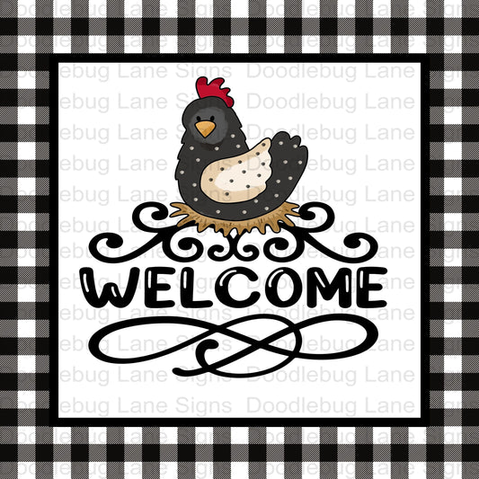 Welcome Wreath Sign-Chicken Sign-Farmhouse Wreath Sign-Primative Wreath Decor-Square Sign-Metal Wreath Sign