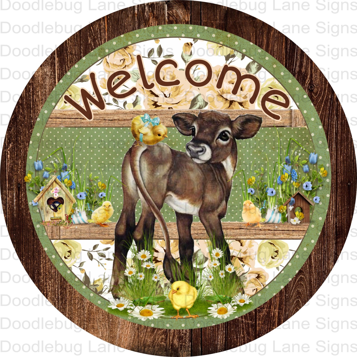 Welcome Wreath Sign- Farmhouse Wreath Decor- Cow Welcome Wreath Sign-Round Wreath Sign- Metal Wreath Sign