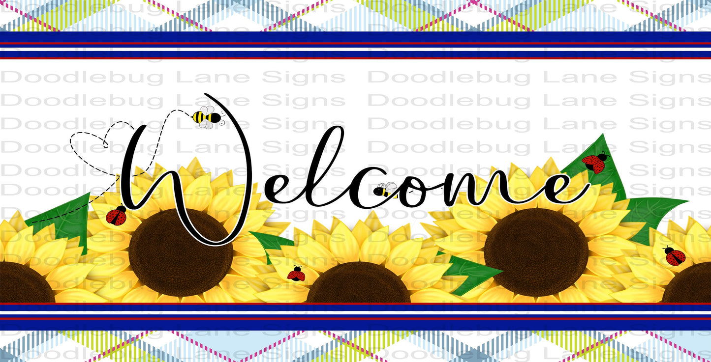 Sunflower Welcome Wreath Sign-Bees And Ladybugs-Rectangle Sign-Metal Wreath Sign