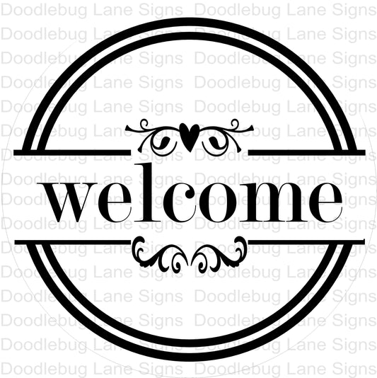 Welcome Wreath Sign-Black And White-Round Wreath Sign-Metal Wreath Sign