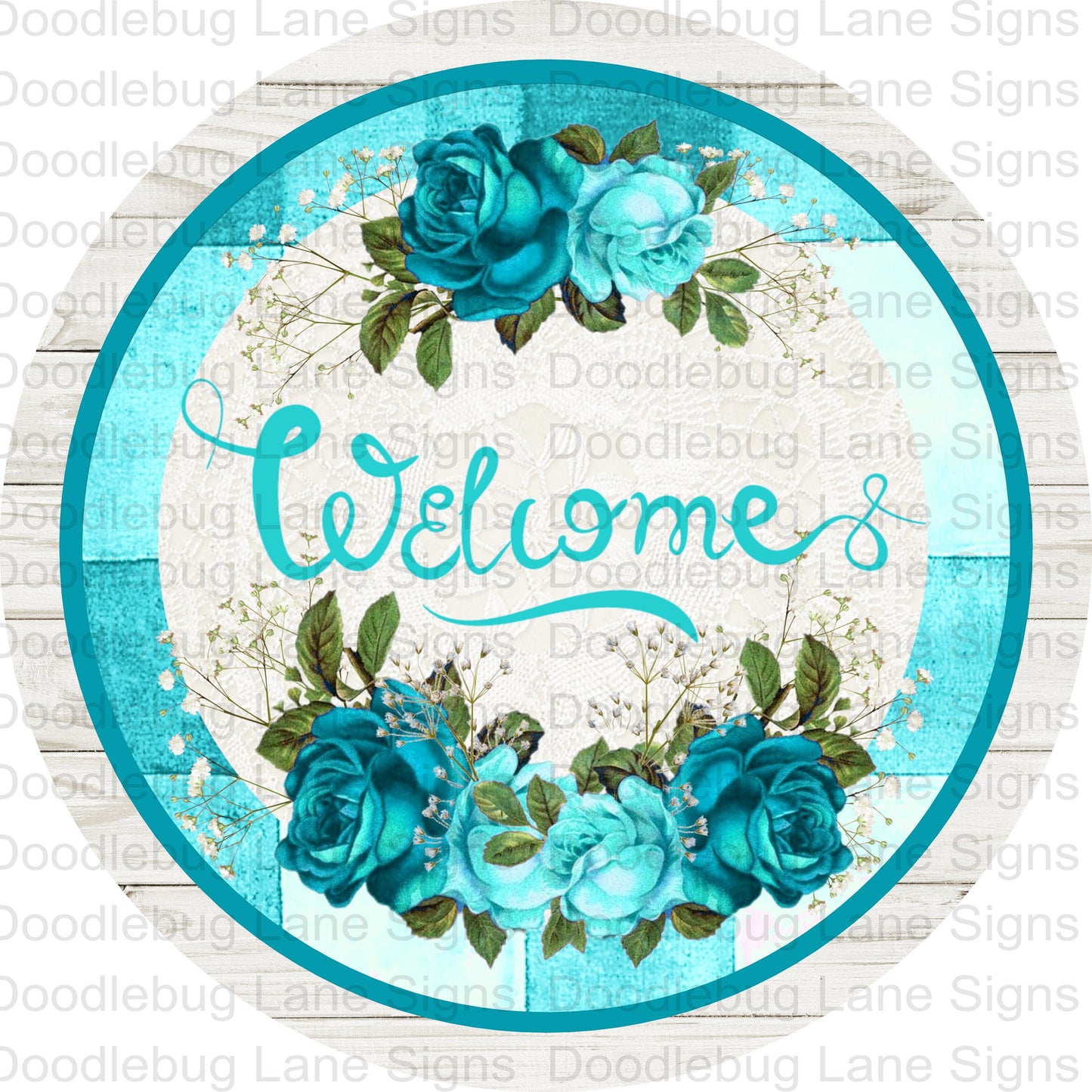 Welcome Wreath Sign-Blue Roses-Floral Wreath Sign-Faux Wood-Round Wreath Sign-Metal Wreath Sign