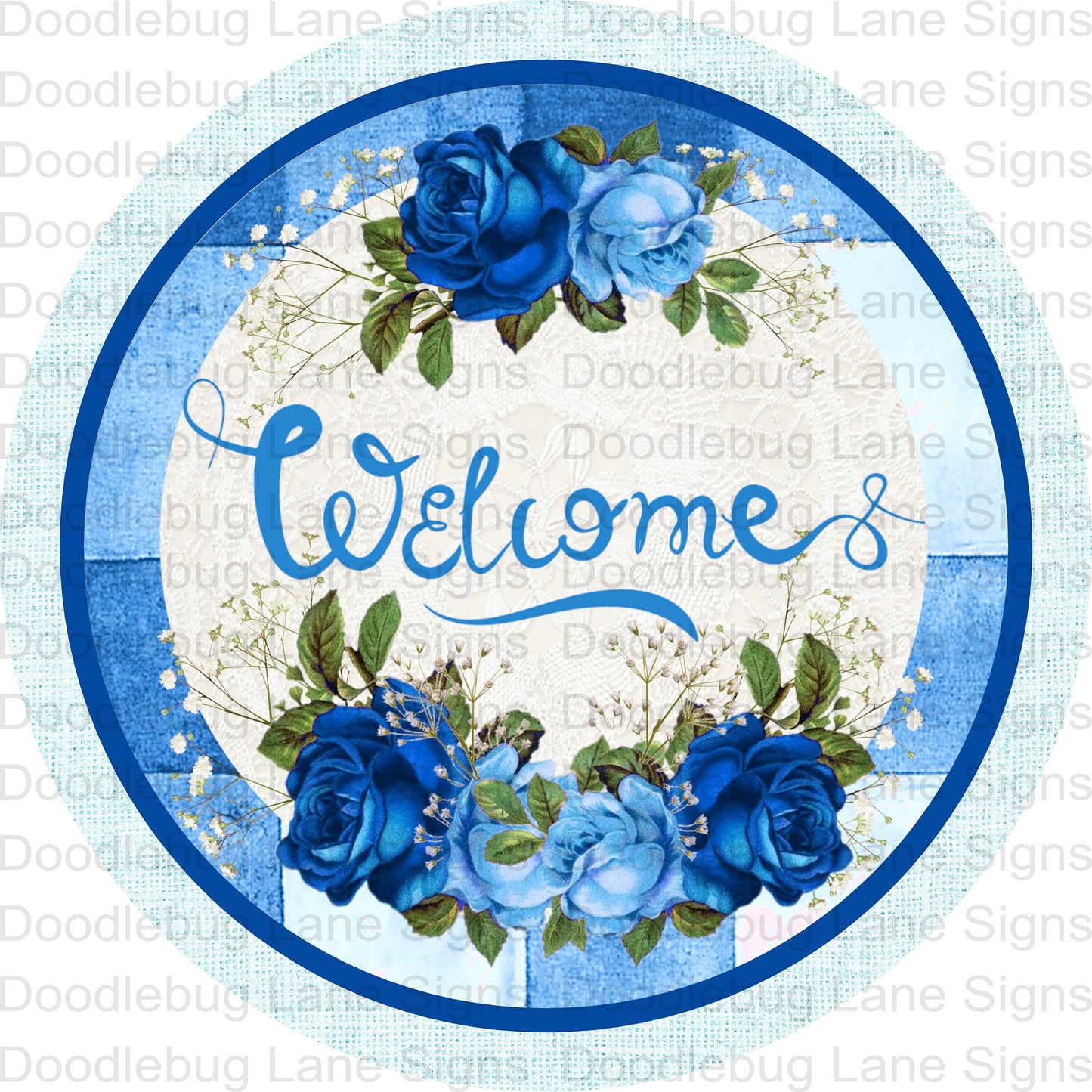 Welcome Wreath Sign-Blue Roses-Floral Wreath Sign-Lignt Blue Border-Round Wreath Sign-Metal Wreath Sign