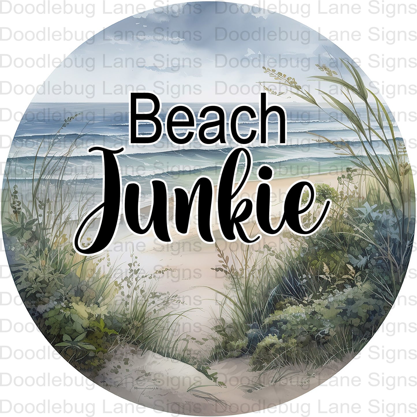 Beach Junkie-Beach Wreath Sign-Ocean Scene-Sandy Beach-Round Wreath Sign-Metal Wreath Sign