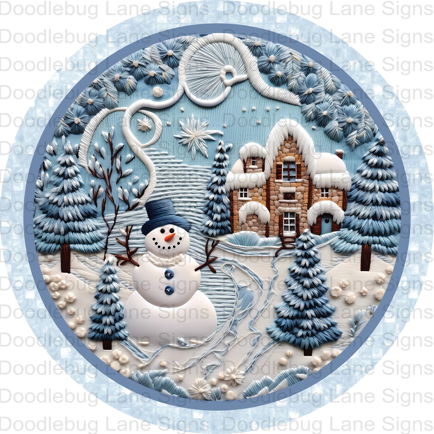 Winter Wreath Sign-Snowman Sign-Winterwonder Land-Blue And White-Round Wreath Sign-Metal Wreath Sign