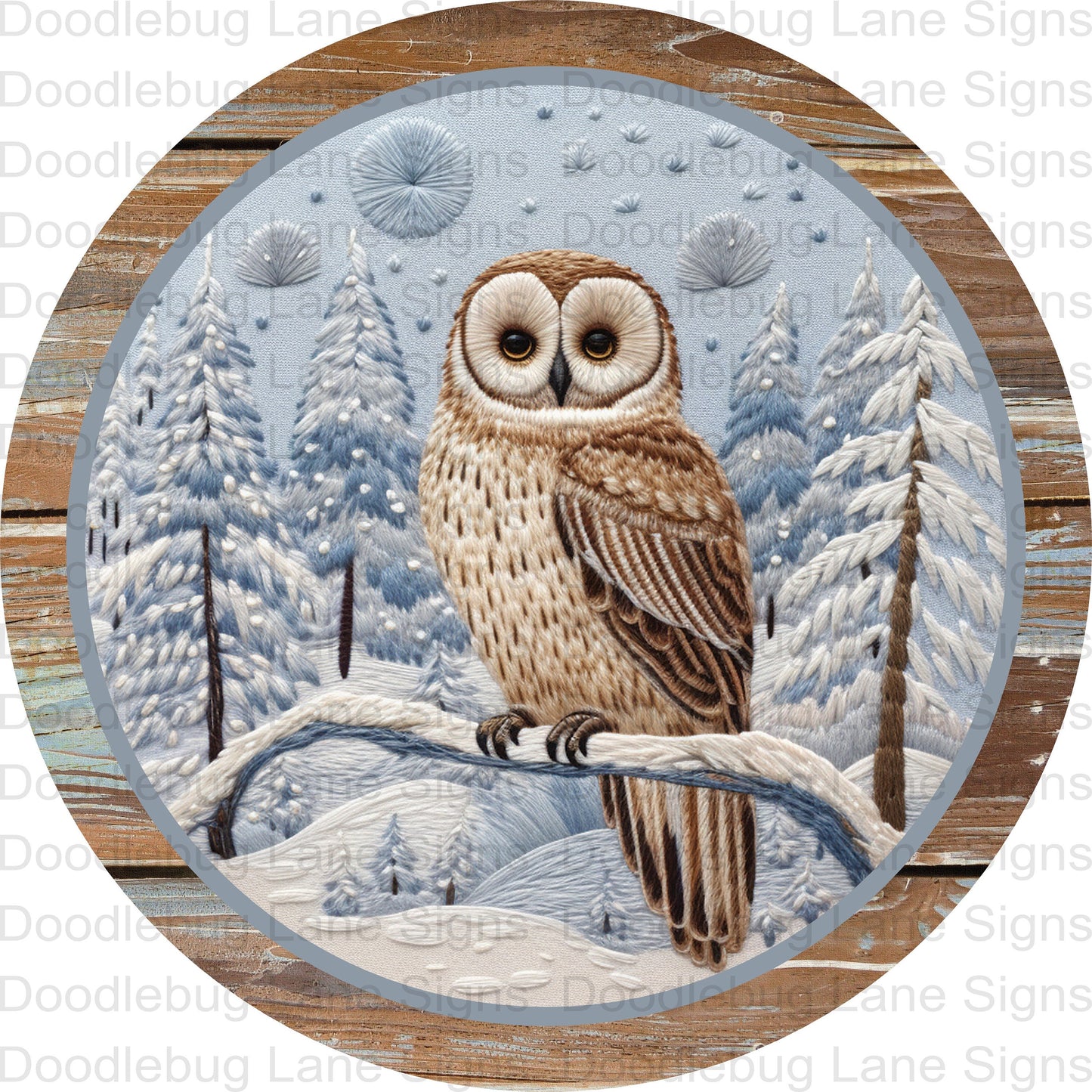 Winter Owl Wreath Sign-Winter Wreath Sign-Faux Wood-Woodland Animals-Barn Owl-Round Wreath Sign-Metal Wreath Sign