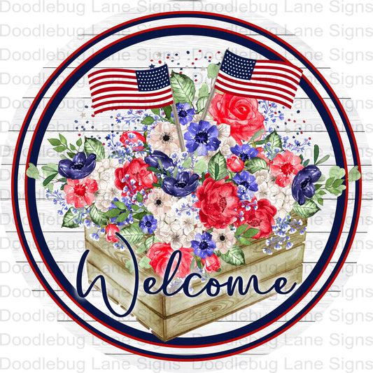 Patriotic Welcome Sign-Wreath Sign-American Flag-Patriotic Flowers-Round Wreath Sign-Metal Wreath Sign