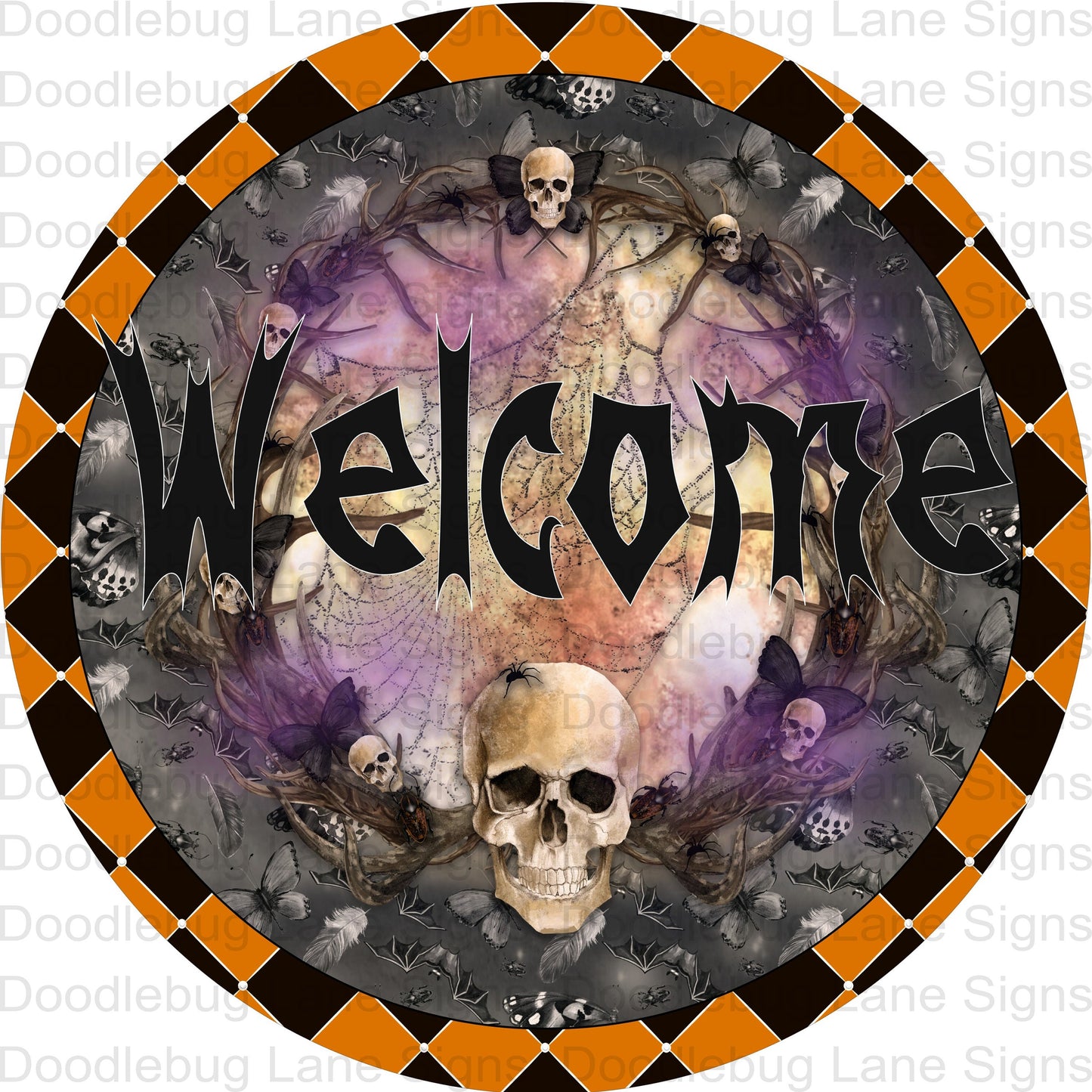 Halloween Welcome Wreath Sign-Skulls-Spiderwebs-Black-Orange And Purple-Spooky Wreath Sign-Round Sign-Metal Wreath Sign