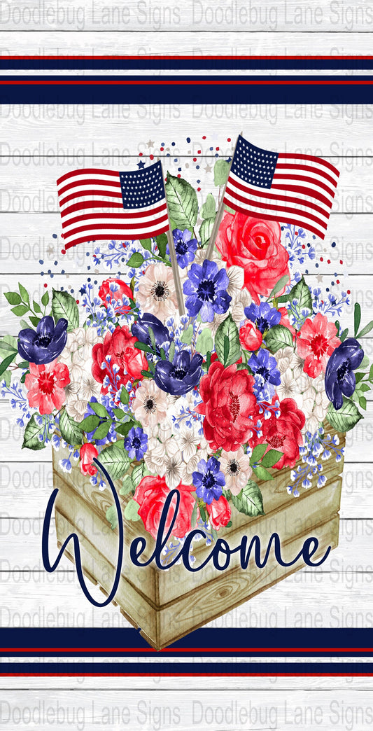 Patriotic Wreath Sign-Welcome Wreath Sign-American Flag-Patriotic Flowers-Rectangle Sign-Metal Wreath Sign