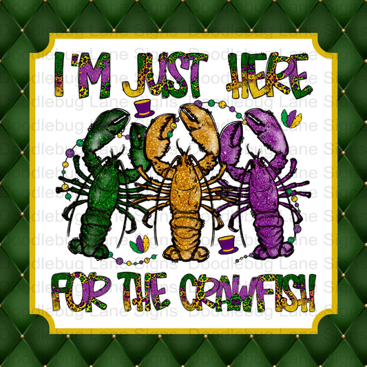 Mardi Gras Wreath Sign-I'm Just Here For The Crawfish-Green-Gold-Purple-Mardi Gras Beads-Square Sign-Metal Wreath Sign