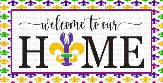 Welcome To Our Home-Mardi Gras Wreath Sign-Fleur De Lis-Welcome Wreath Sign-Rectangle Sign-Metal Wreath Sign