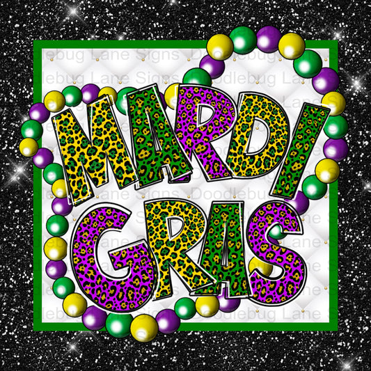 Mardi Gras Wreath Sign-Leopard Print Mardi Gras-Mardi Gras Beads-Square Sign-Metal Wreath Sign