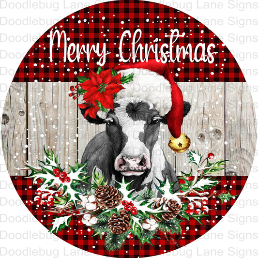 Merry Christmas Cow Wreath Sign-Farmhouse Wreath Sign-Country Christmas-Round Wreath Sign-Metal Wreath Sign