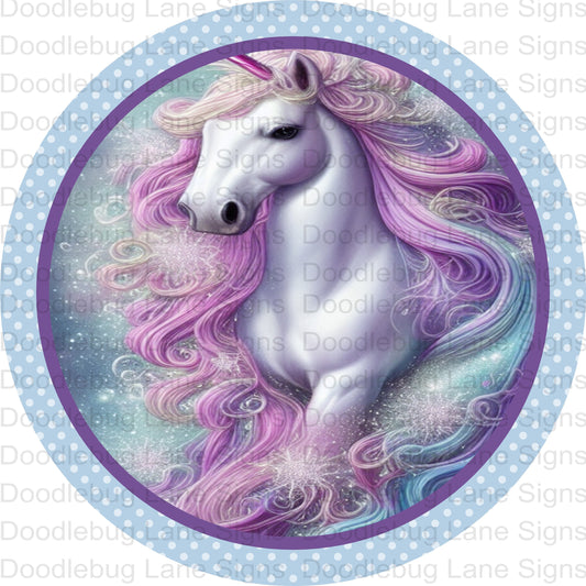 Unicorn Wreath Sign-Blue And Purple-Polka Dot Border-Round Wreath Sign-Metal Wreath Sign