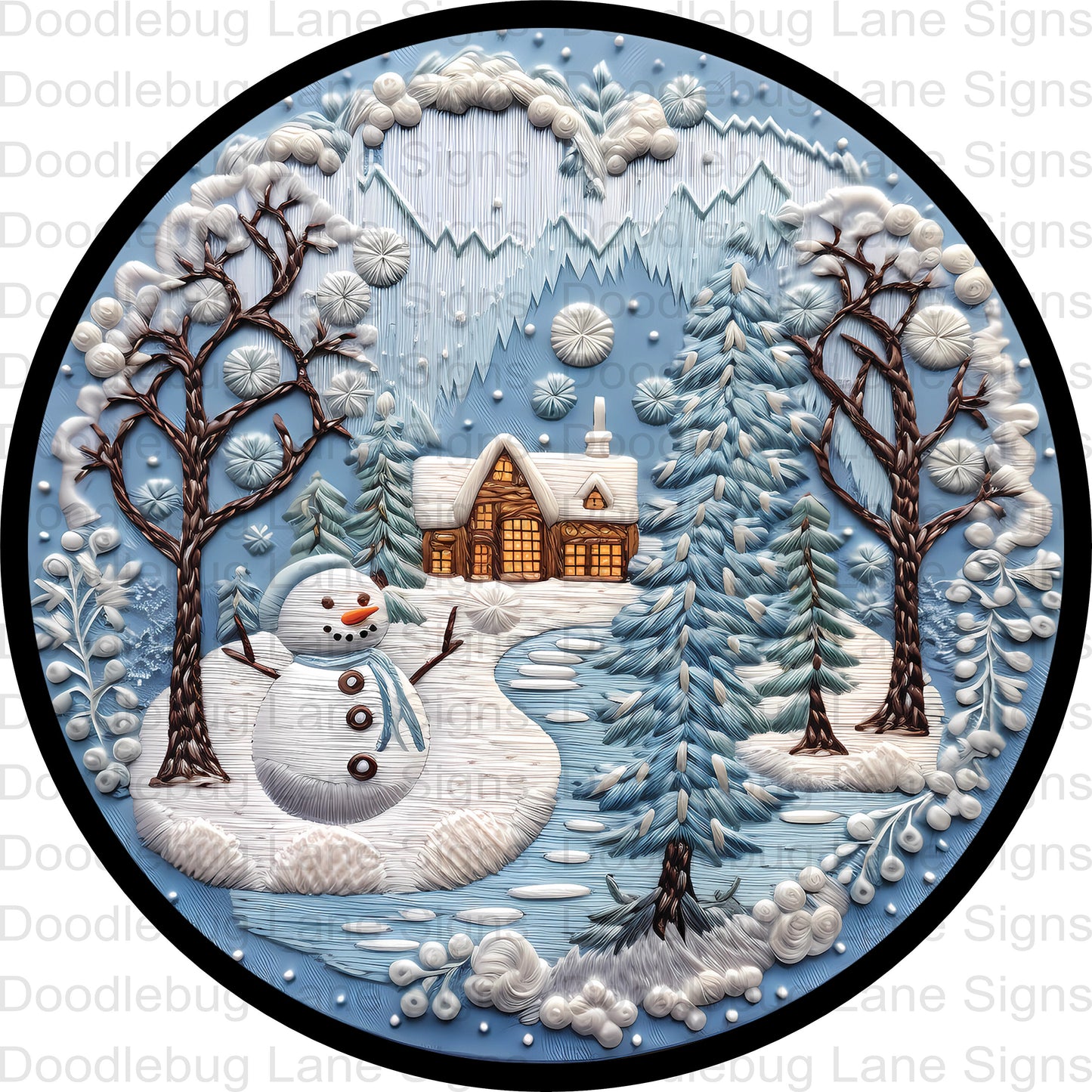 Winter Wreath Sign-Snowman Sign-Winter Wonderland-Blue And White-Round Wreath Sign-Metal Wreath Sign