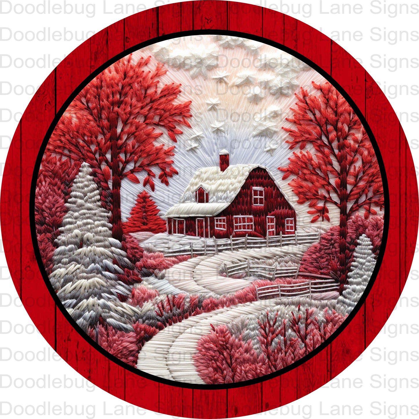 Winter Wreath Sign-Winter Scenery- Winter Farm Scene-Round Wreath Sign-Metal Wreath Sign