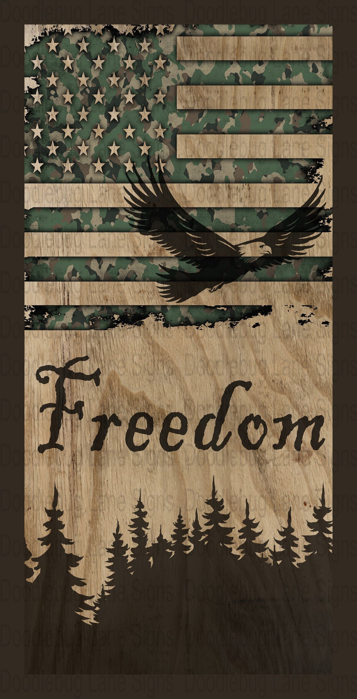 Patriotic Wreath Sign-Freedom-Flying Eagle-Faux Wood Sign-Rectangle Sign-Metal Wreath Sign