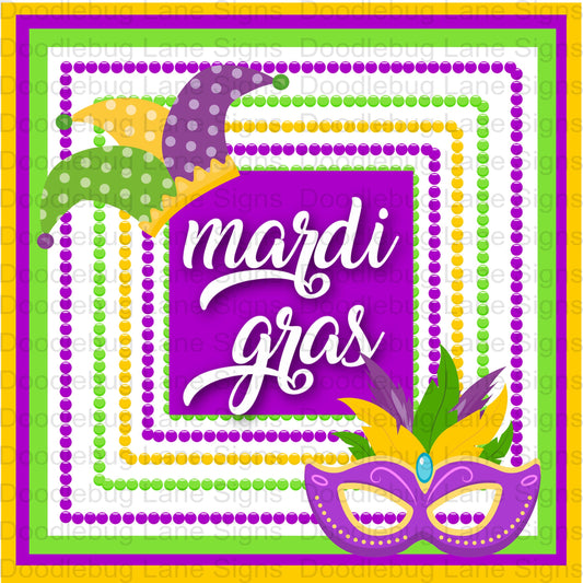 Mardi Gras Wreath Sign-Jester Hat-Masquerade Mask-Mardi Gras Beads-Square Sign-Metal Wreath Sign