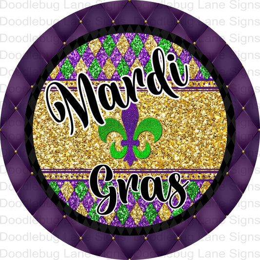 Round Mardi Gras Wreath Sign-Fleur De Lis-Purple-Green-Gold-Metal Wreath Sign