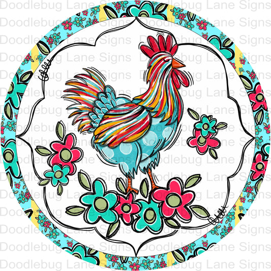 Floral Wreath Sign-Floral Rooster-Country Western Wreath Sign-Round Wreath Sign-Metal Wreath Sign