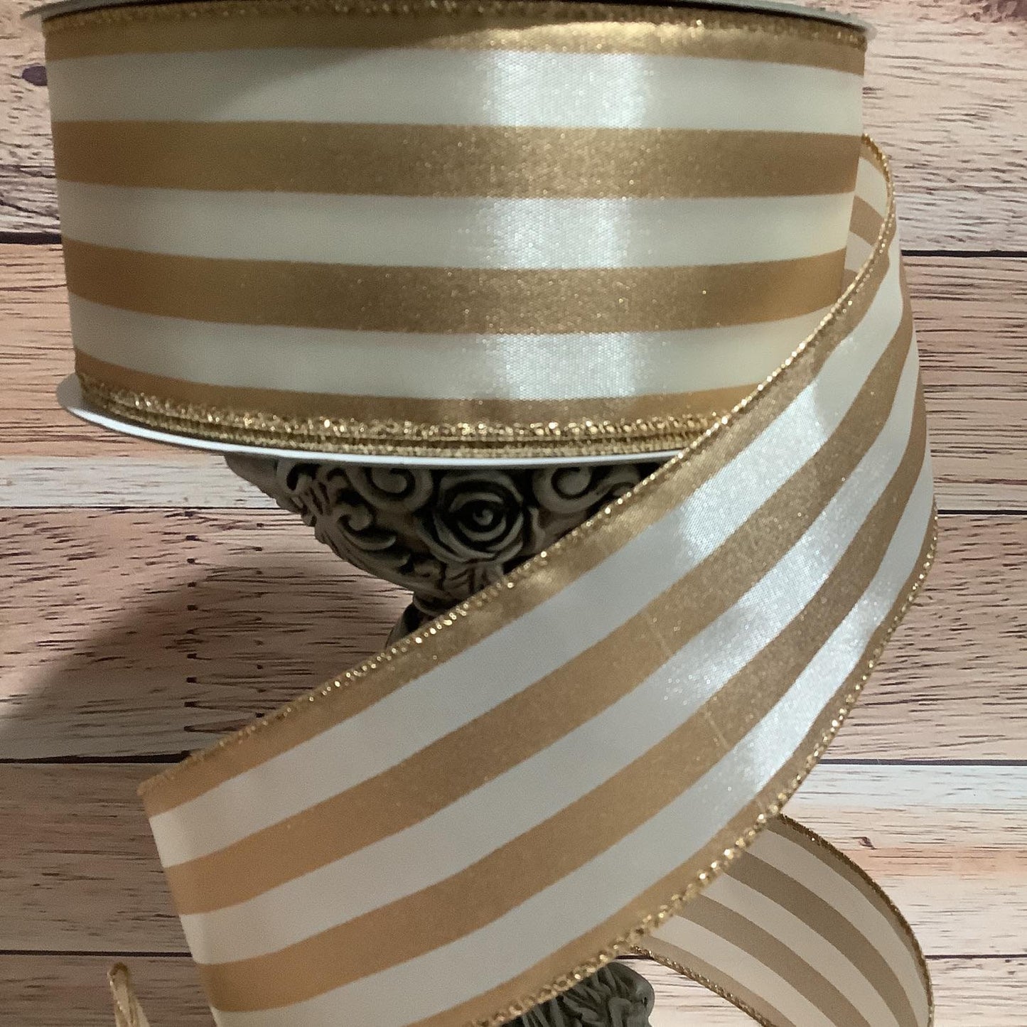 2.5" x 5 Yards Cream And Gold Striped Ribbon - Wired Ribbon - Horizontal Stripe - Ribbon For Bows, Wreaths And Home Decor