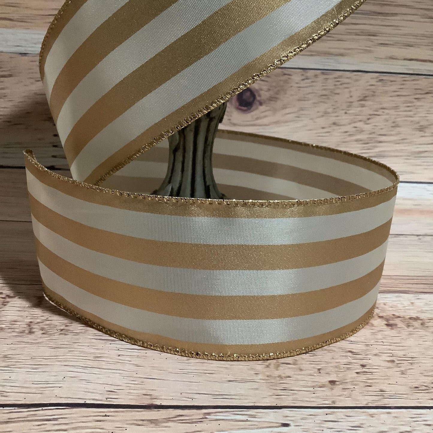 2.5" x 5 Yards Cream And Gold Striped Ribbon - Wired Ribbon - Horizontal Stripe - Ribbon For Bows, Wreaths And Home Decor