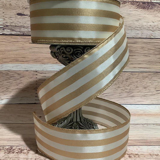 2.5" x 5 Yards Cream And Gold Striped Ribbon - Wired Ribbon - Horizontal Stripe - Ribbon For Bows, Wreaths And Home Decor