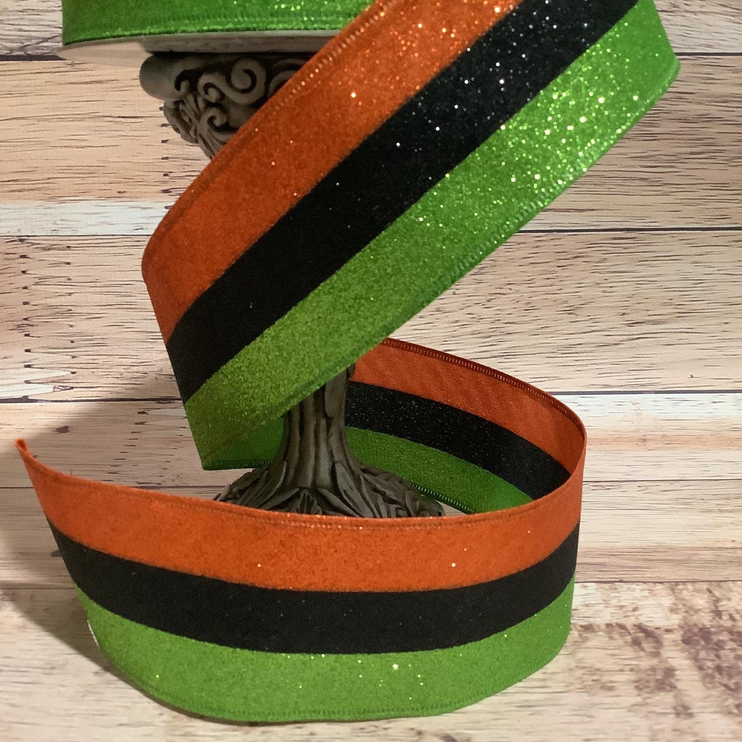 2.5" x 5 Yards Halloween Ribbon - Wired Ribbon - Orange, Green, Black Glittered Horizontal Stripes - Ribbon For Bows, Wreaths And Home Decor