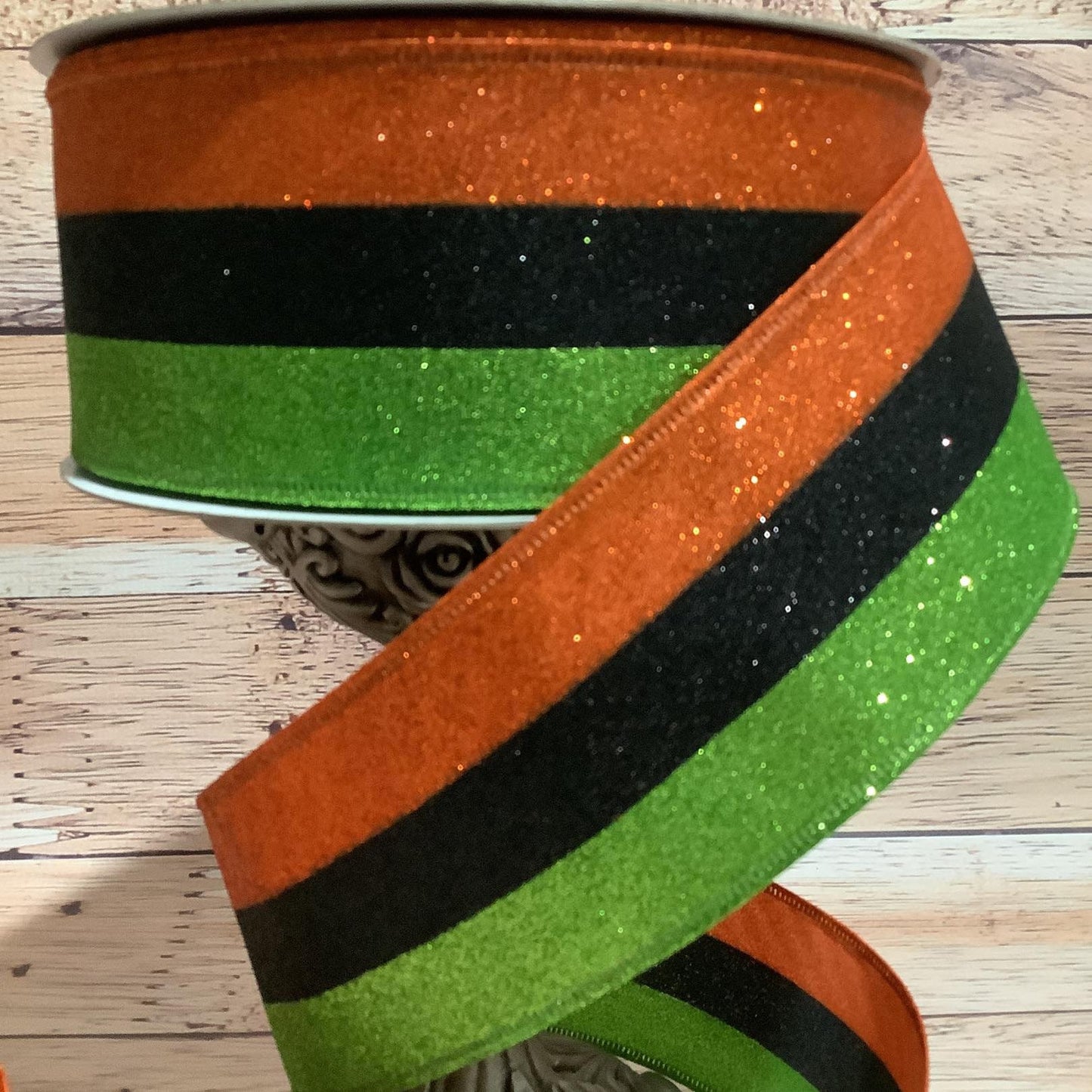 2.5" x 5 Yards Halloween Ribbon - Wired Ribbon - Orange, Green, Black Glittered Horizontal Stripes - Ribbon For Bows, Wreaths And Home Decor