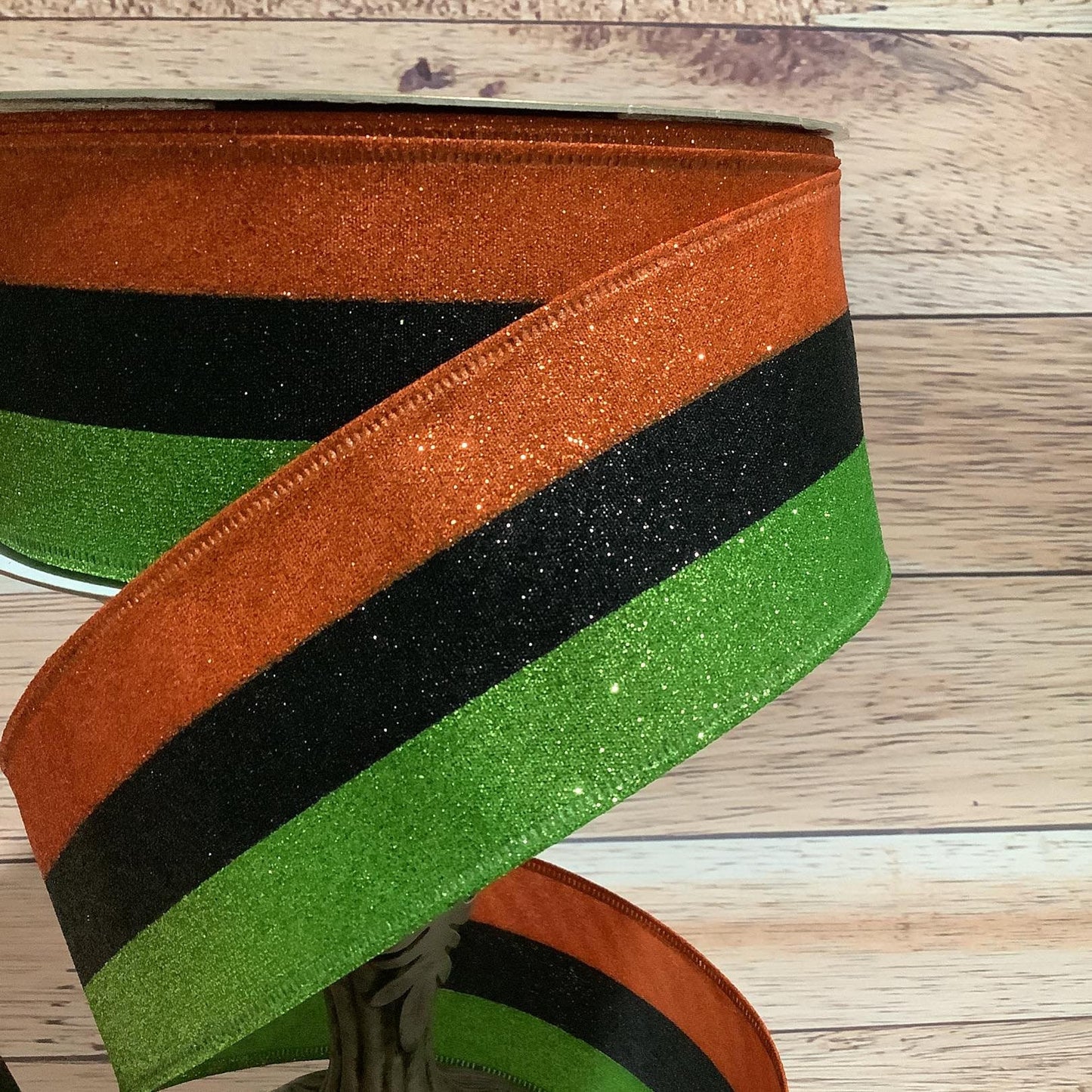 2.5" x 5 Yards Halloween Ribbon - Wired Ribbon - Orange, Green, Black Glittered Horizontal Stripes - Ribbon For Bows, Wreaths And Home Decor