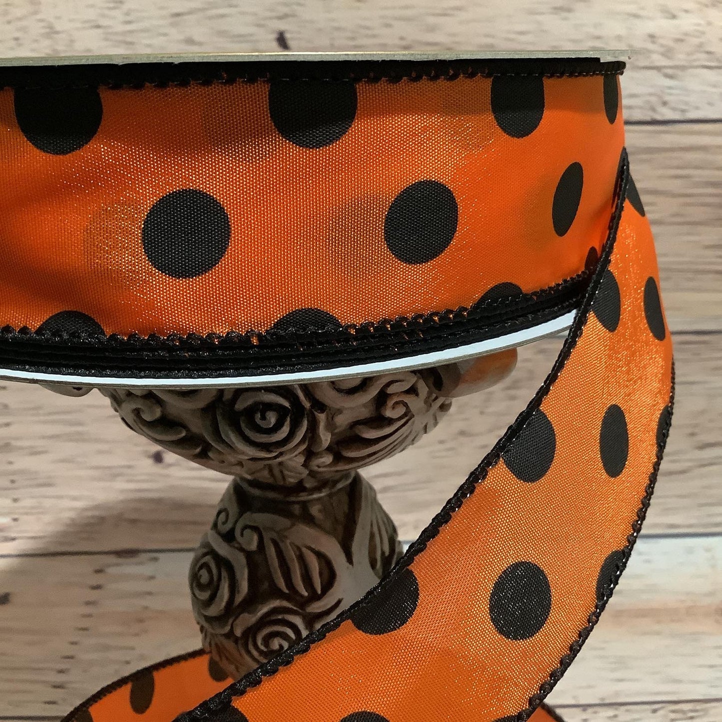 1.5" x 5 Yards Orange With Black Polka Dots Wired Ribbon - Halloween Ribbon - Ribbon For Bows, Wreaths And Home Decor