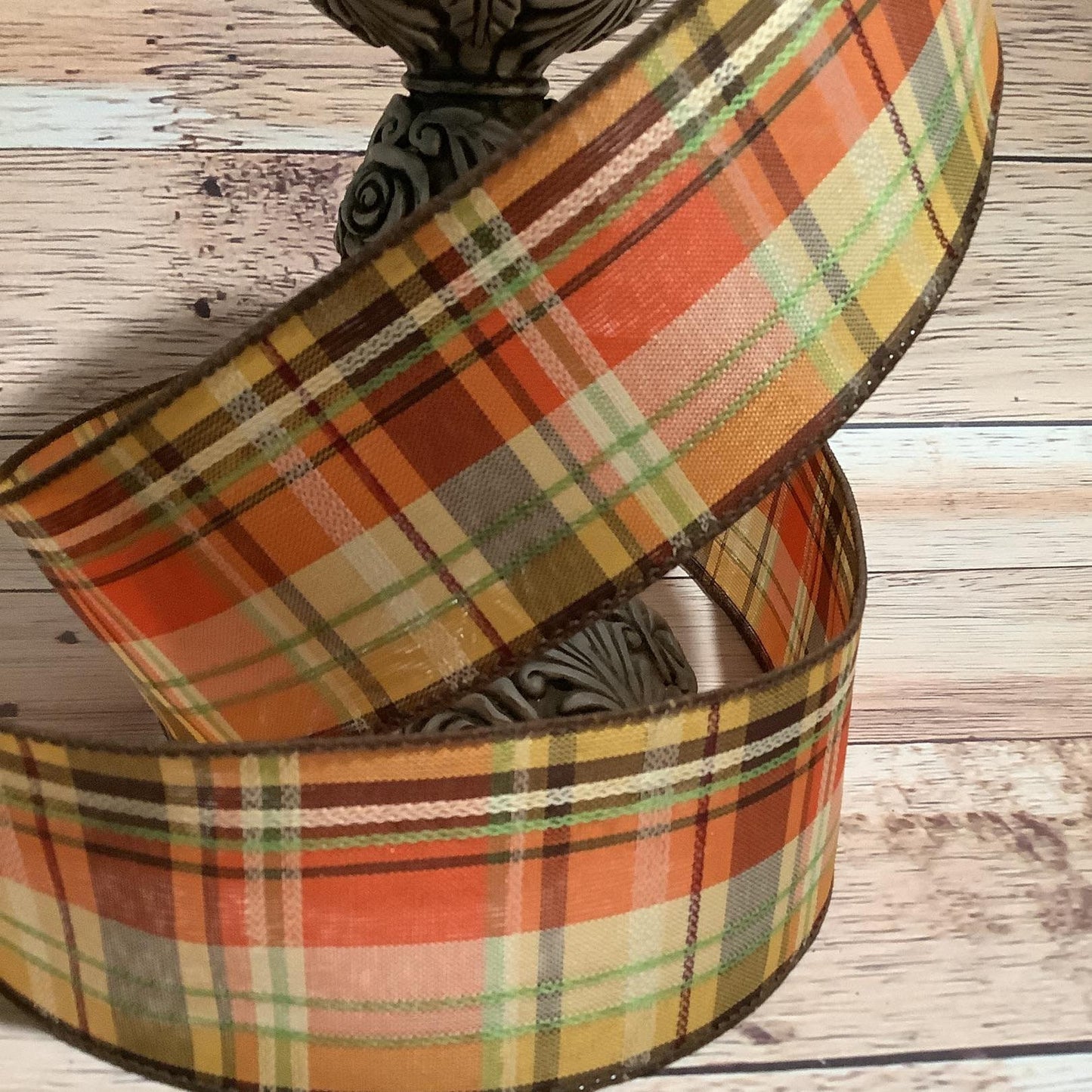 2.5" x 5 Yards Fall Wired Ribbon - Yellow, Orange, Brown And Green Plaid Ribbon - Ribbon For Bows, Wreaths And Home Decor