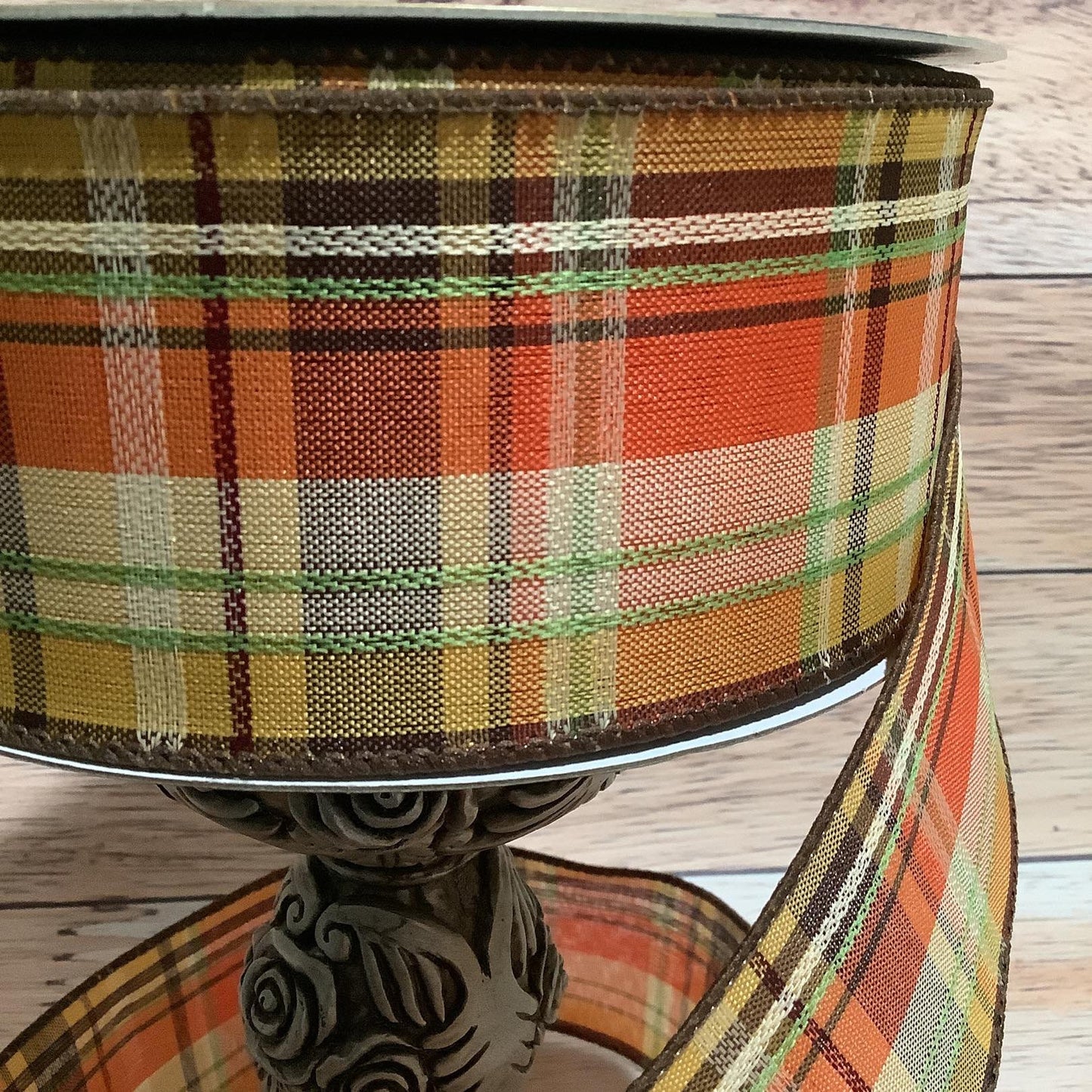 2.5" x 5 Yards Fall Wired Ribbon - Yellow, Orange, Brown And Green Plaid Ribbon - Ribbon For Bows, Wreaths And Home Decor